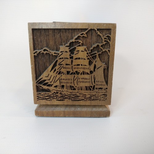 Vintage LASERCRAFT Laser Engraved WALNUT Wood Candle Votive Holder Sailing Ship - Picture 3 of 6