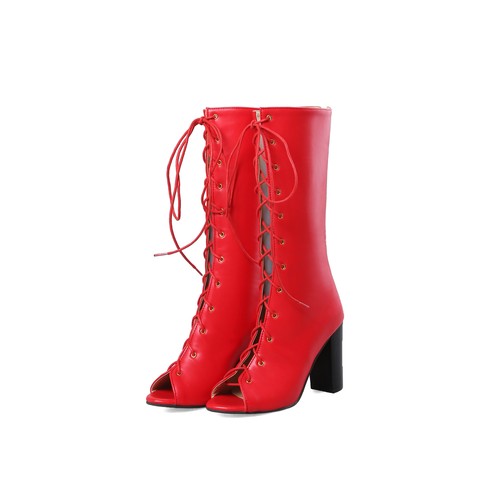 Gladiator Womens Lace Up Knee High Peep Toe Block Heels Roman Strappy Shoes Sexy - Picture 14 of 18
