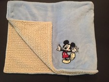 Disney Baby Blanket Mickey Mouse Baby Blue Velour Cream Sherpa 29 X 34
