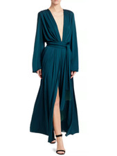 $4290 NEW Oscar de la Renta Spruce V Neck Waist Tie Maxi Dress Gown Green 0 2 4