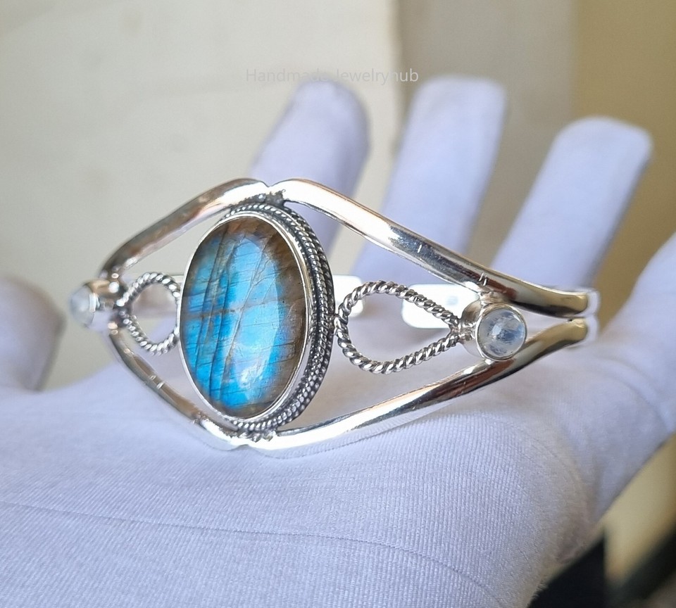 Blue Labradorite & Moonstone Bangle 925 Sterling Silver Handmade Gift