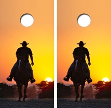 Cowboy On Horse At Sunset Cornhole Board Wrap LAMINATE Decal Vinyl Sticker 4442