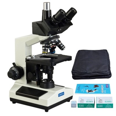 2000X Trinocular LED Microscope+Vinyl Carry Case+Blank Slides+Covers+Lens Paper
