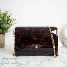 Tory Burch Emerson Tortoise Patent Leather Chain Wallet 165943 NWT