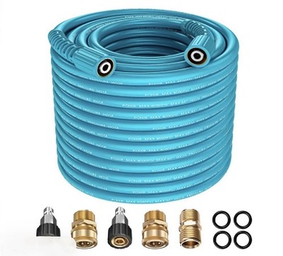 MEKOH Blue Pressure Washer Hose w/ Spray Gun & Brass Adapter Kit for Cold Water