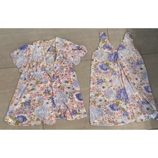 Vintage Van Raalte Floral Lingerie Set Purple Pink Sheer Nylon Gown Robe Small