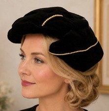 VTG Black Gold Velvet Cocktail Hat Gold Trim 50s Fascinator Headpiece Church