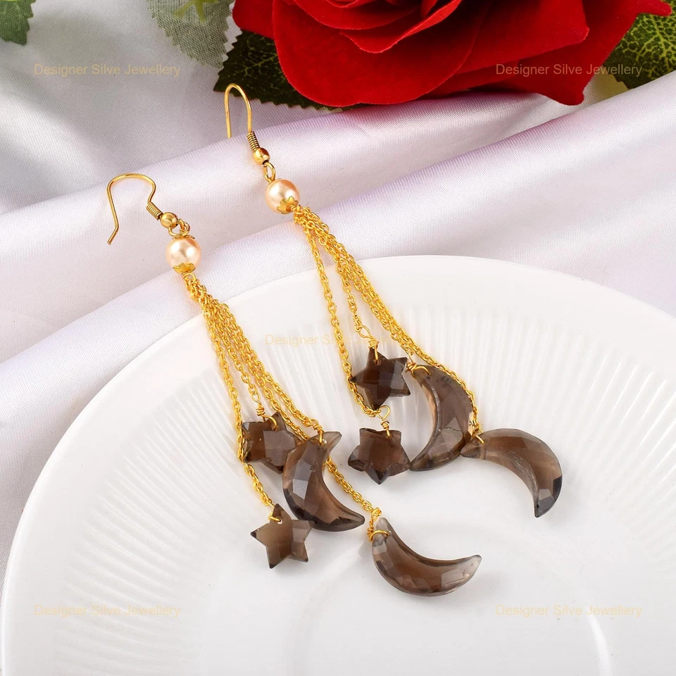 Покрытые желтым золотом серебряные серьги-висячие с корнем чакры дымчатый кварц камень жемчуг - Изображение 3 из 4