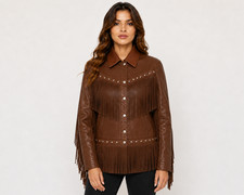 Womens Brown Leather Fringe Jacket - Western Studded Cowgirl Vintage Button Coat