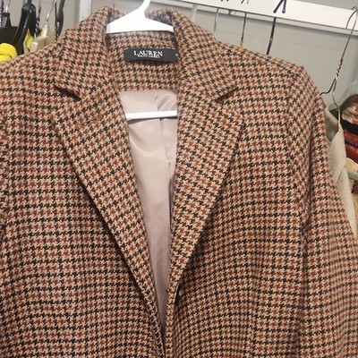 Lauren Ralph Lauren Houndstooth Wool Long Overcoat L Button Lined Pockets,size 4