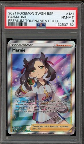 Pokemon Marnie Premium Tournament Coll. Black Star Full Art Promo SWSH121 PSA 8