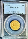 1909 D $5 Indian Head Gold Half Eagle PCGS Graded MS62 - Beautiful Coin