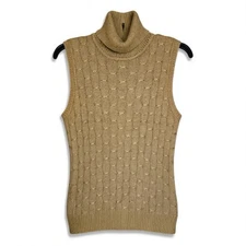 Banana Republic Gold Sleeveless Turtleneck Sweater L Rayon Knit Textured Shell