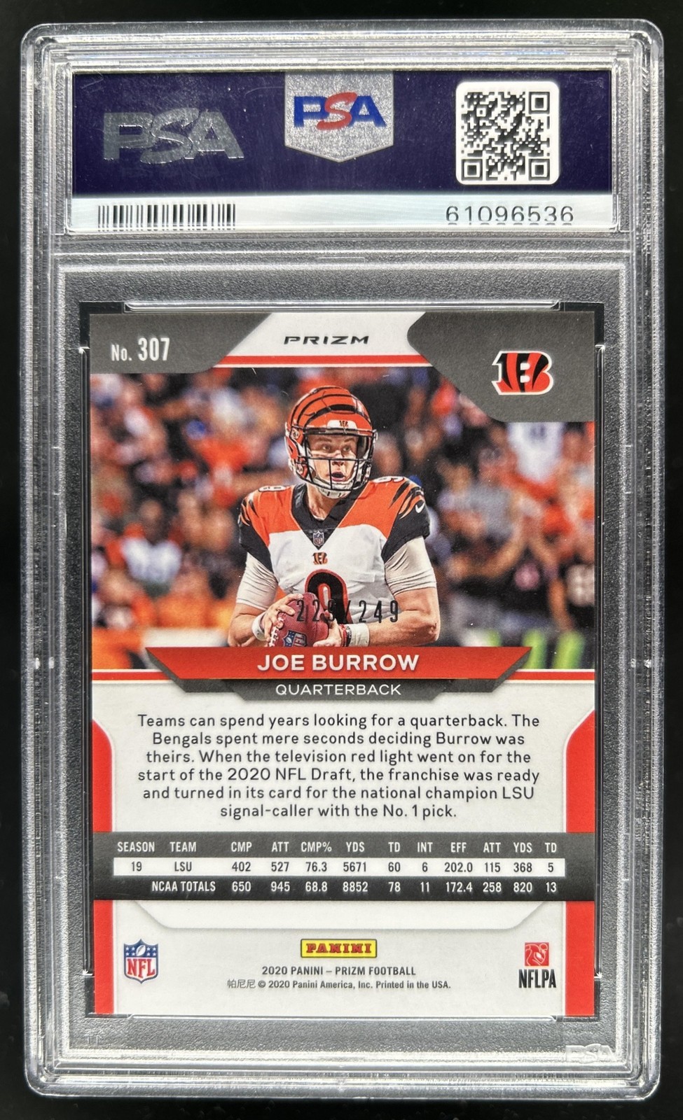 2020 Panini Prizm Joe Burrow Orange Rookie RC #/249 Bengals PSA 10 GEM MINT view 2