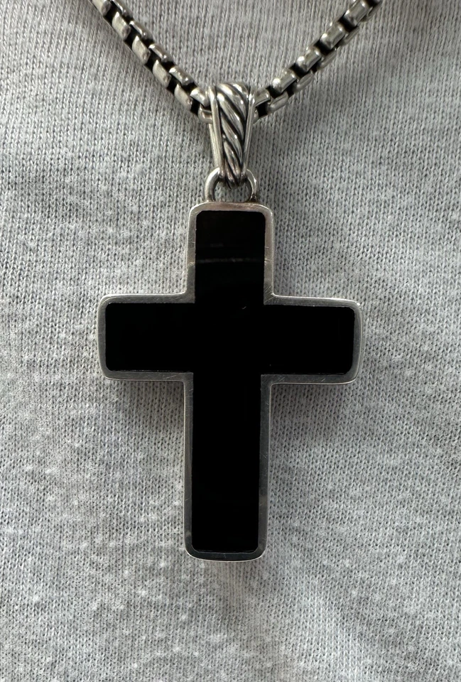 David Yurman Sterling Silver Exotic Stone Cross Amulet Pendant Black Onyx $350 - Image 2 of 2