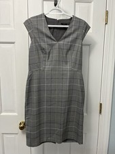 Ann Taylor Sheath Dress Gray Plaid 6P V-Neck Sleeveless Knee Length Lined
