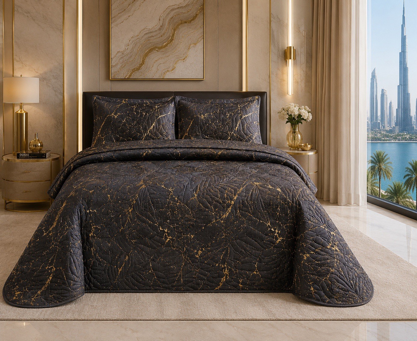 Couvre-lit Dubai luxe anthracite et or 220x240cm pour chambre élégante