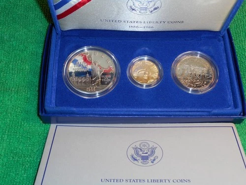 1986 Statue of Liberty 3 Coin Set, $5 Gold, Silver Dollar, Clad Half