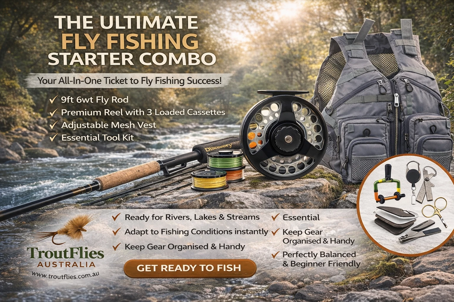 THE ULTIMATE FLY FISHING STARTER COMBO Rod • Reel • Vest • Tools – Everything