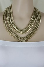 Women Gold Metal Chain 4 Strands Fashion Jewelry Necklace Earrings Set Hip Hop