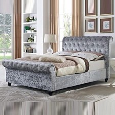 Luxury Crushed Velvet Chesterfield Sleigh Bed Frame | Diamond Scroll Design