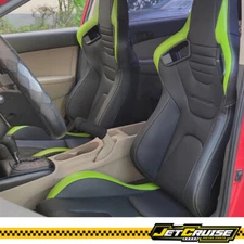 Universal Pair Reclinable Racing Seat Dual Slider PU Leather Green Stitch Stripe