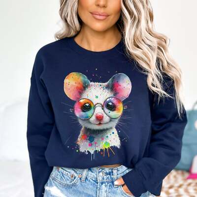 Whimsical mouse with glasses Color Splash Unisex Sweatshirt Black Navy Dark Heat