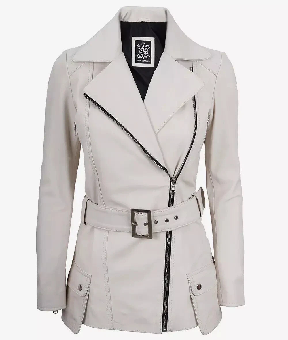 OFF WHITE Giacca donna biker moto asimmetrica vera pelle di agnello bianco sporco cintura pelle