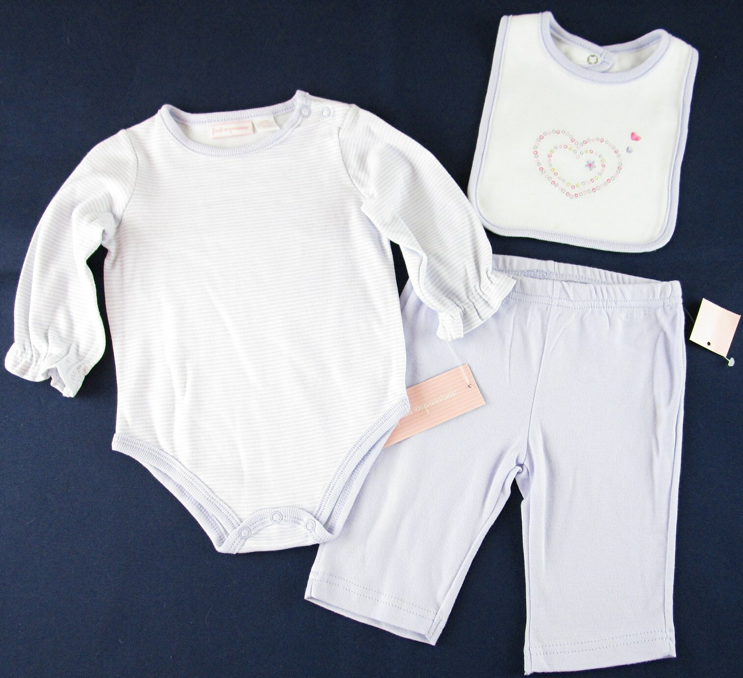 NWT First Impressions Lavender Hearts 3 Pc Layette Set, 0-3M 3-6M Size MISMATCH