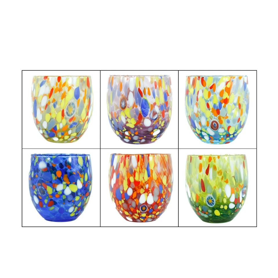 Murano Glass Drinking Tumbler Blue Red Orange Yellow Lilac Handmade Millefiori