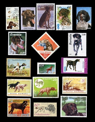 GERMAN SHORTHAIRED POINTER GSP DOG INTERNATIONAL POSTAGE STAMPS x 17 different