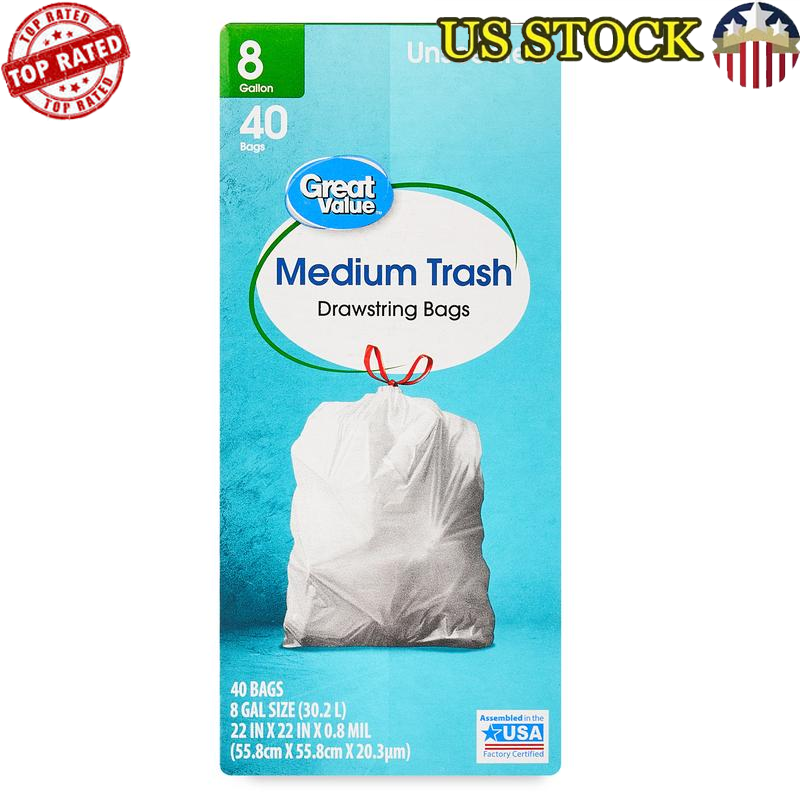 Medium Trash Drawstring Bags 8 Gallon 40 Count Durable Easy Tie Waste Disposal