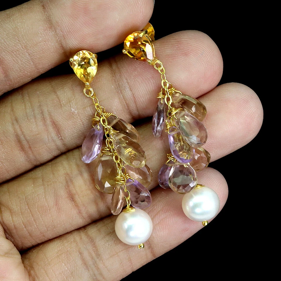 Pendientes de plata de ley 925 briolette ametrino perlas citrino piedras preciosas joyería Foto 2 de 4