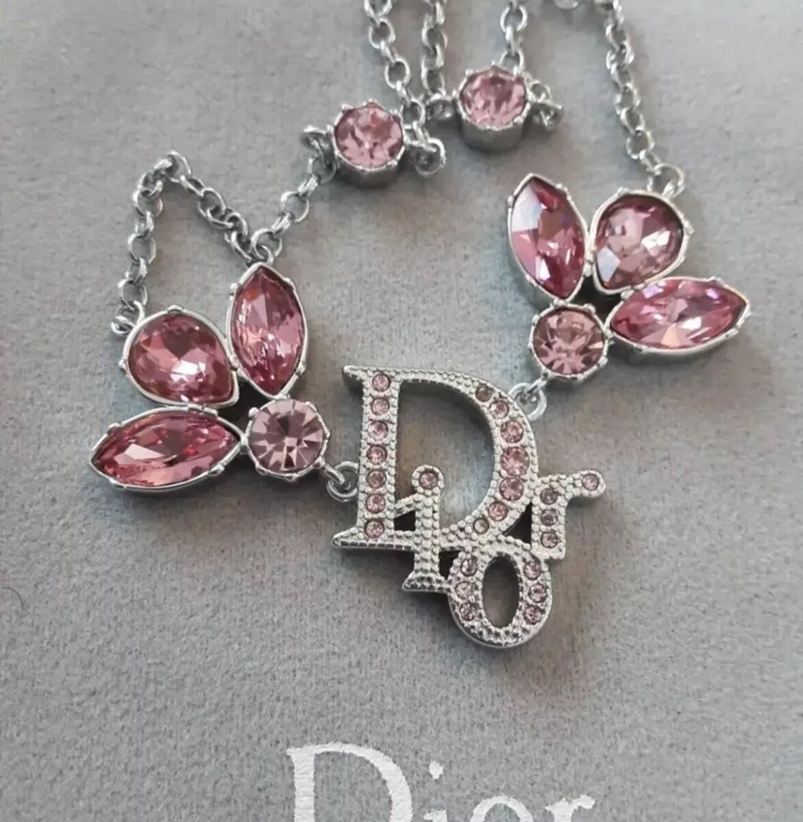 Christian Dior Vintage Necklace Logo CD Crystals J’adior pink Silver Floral Christian Dior Vintage Necklace Logo CD Crystals J’adior pink Silver Floral
