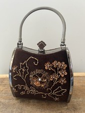 Vintage Sequin  Beaded Purse Brown Velvet Clutch Hinged Evening-Cocktail G42