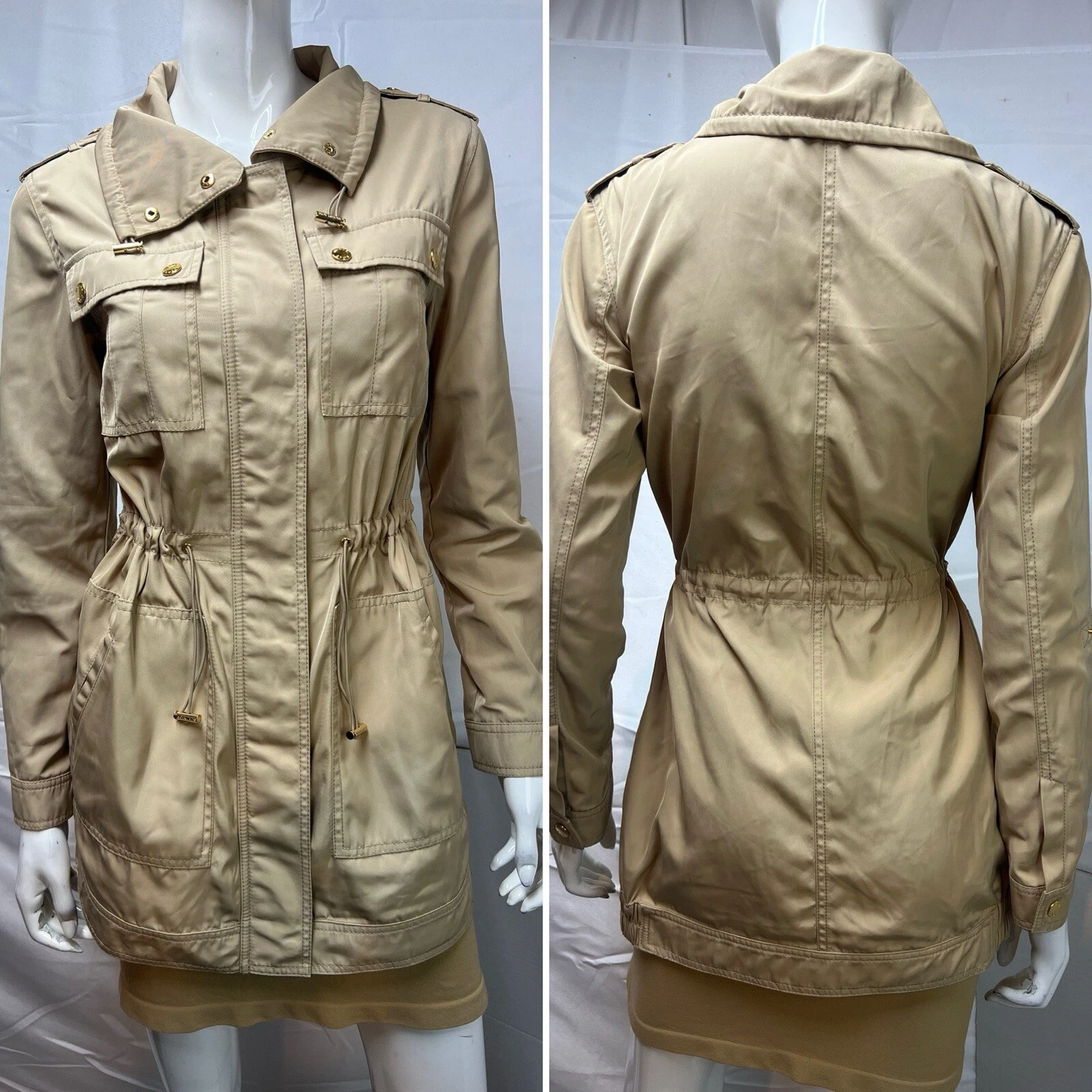 Giacca impermeabile Michael Kors donna XS kaki marrone safari utility zip