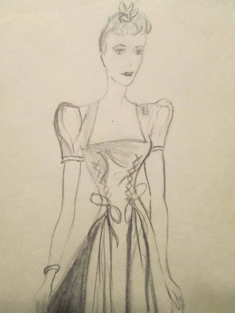 Vintage 30s 40s Fashion Sketch Art Pencil Drawings Signed Gown