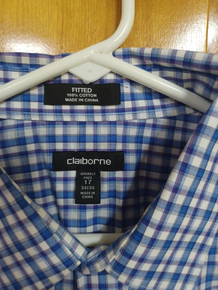 Camisa de vestir Claiborne sin arrugas con botones para hombre manga larga 17-34/35 azul c Foto 2 de 4