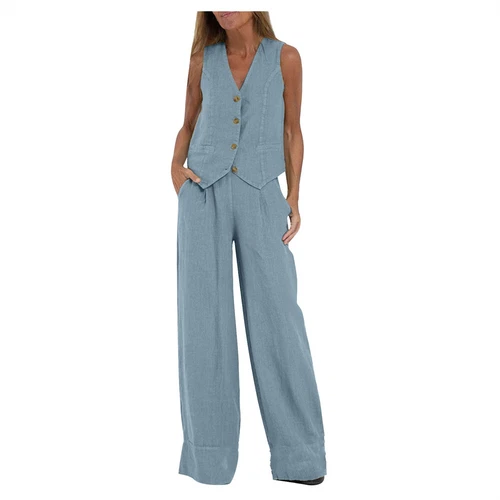 Women's 2 Piece Outfit, Sleeveless, Button Up Vest, Long Pants, Linen Set - Picture 5 of 13
