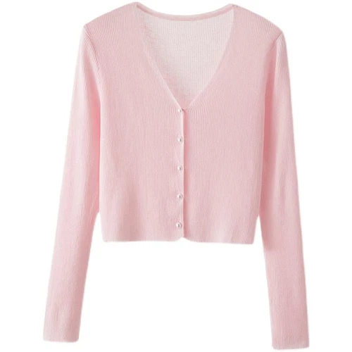 Damen Eis Seide Strick Sommer Shirt V-Ausschnitt Knopf Kurz Pullover Slim Fit Cardigan  - Bild 1 von 25