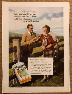 RARE Vintage 1934 color CHESTERFIELD CIGARETTES AD I'm No Dirt Farmer FRAME  IT
