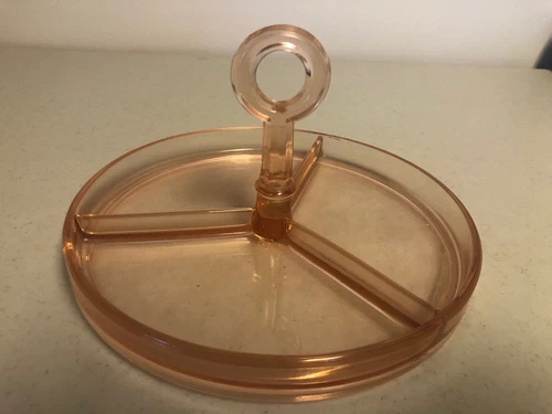Pink Depression Divided Dish with Handle Beautiful & Unique 8" Diameter