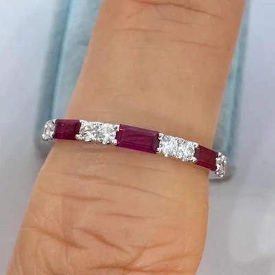 Lab-Created Red Ruby 0.60Ct Baguette Cut Anniversary Band 14K White Gold Plated