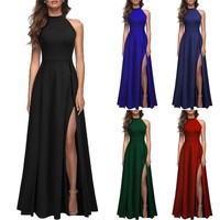 Ladies Formal Summer Dress Zip Maxi Evening Party Prom Halter Neck Split DresseS
