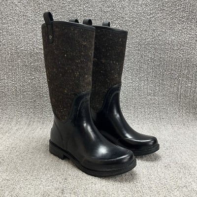 UGG Stefana Rain Boots US Womens 8 EU 39 Black Rubber/Brown Donegal Textile