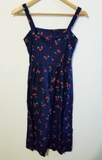 Navy Blue Sleeveless Cherry Print Midi Cami Dress XS Cotton Y2K Novelty Print