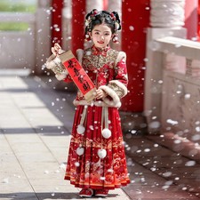 New Red Chinese New Year Clothing Girl Winter Warm Dress Hanfu Kids Fairy Skirt