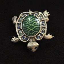 Turtle Brooch Silver Tone Green Enamel Blue Rhinestones Figural Pin 1.5  