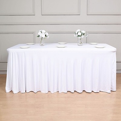 6 ft WHITE Wavy Rectangular Fitted Tablecloth Premium Spandex TABLE COVER Party