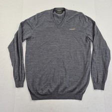 FENDT Jumper Large Grey Mens V-Neck Wool Blend Knit Embroidered Logo